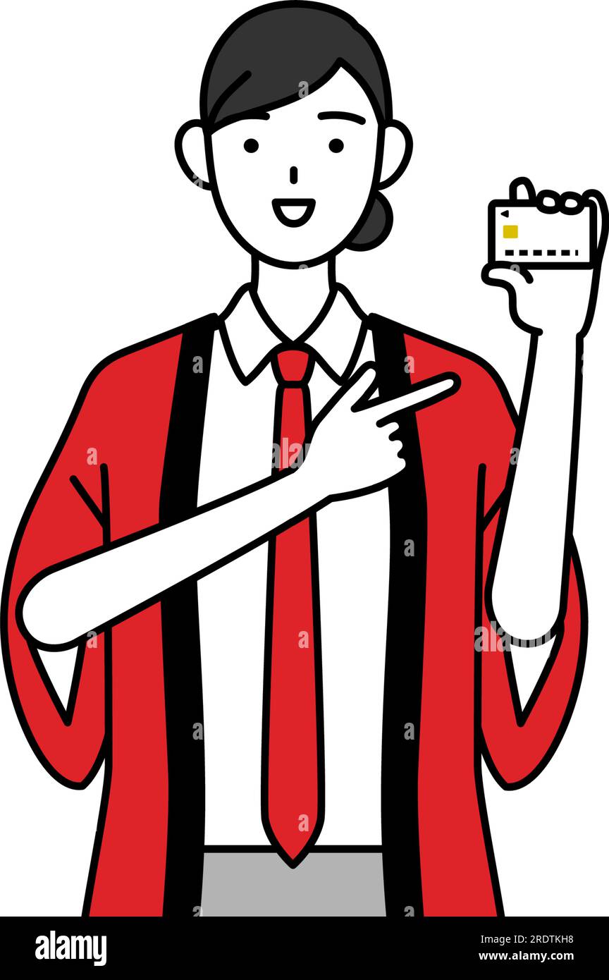 Woman wearing a red happi coat recommending credit card payment, Vector ...