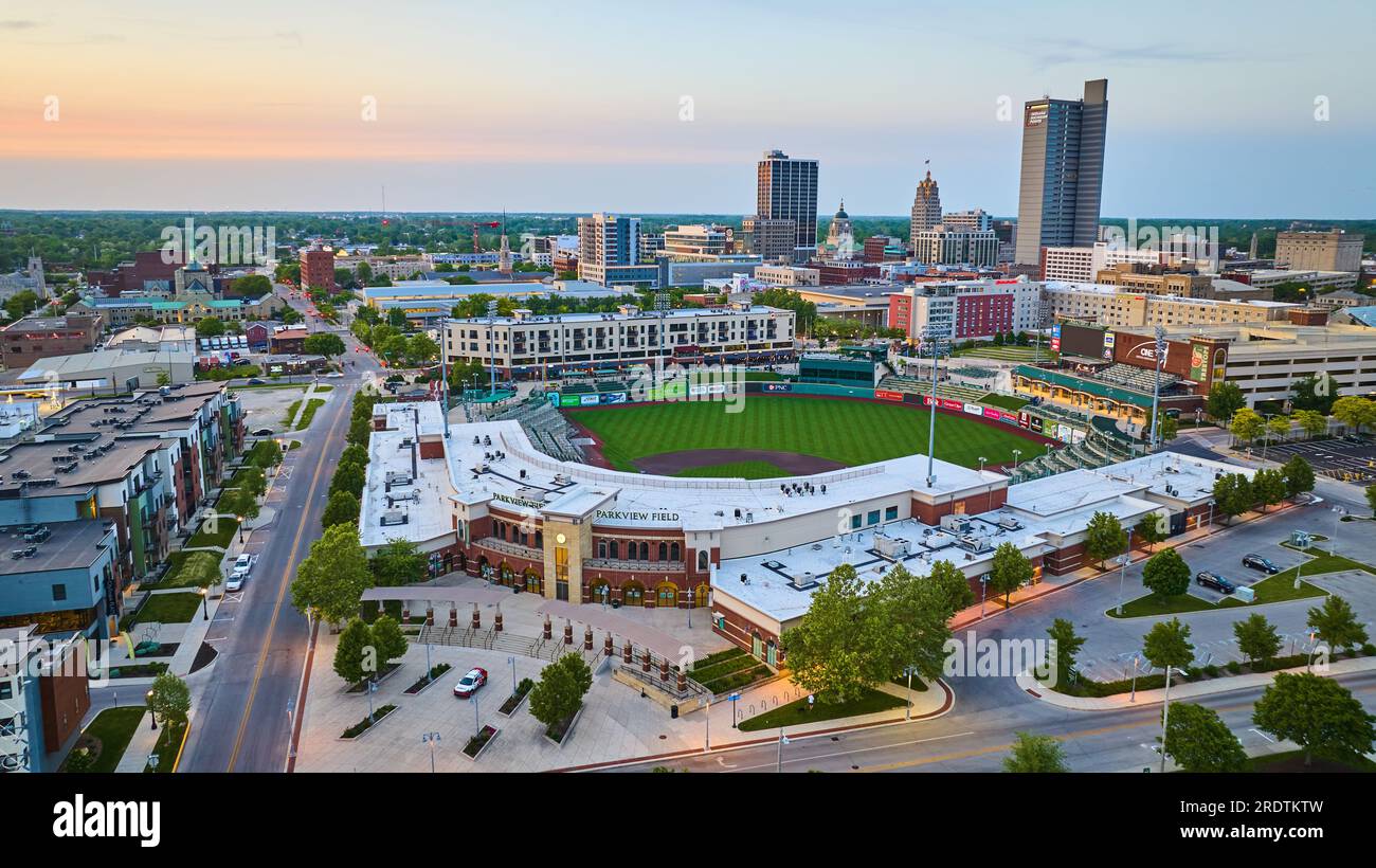 TinCaps stadium at Parkview Field aerial sunrise over downtown Fort