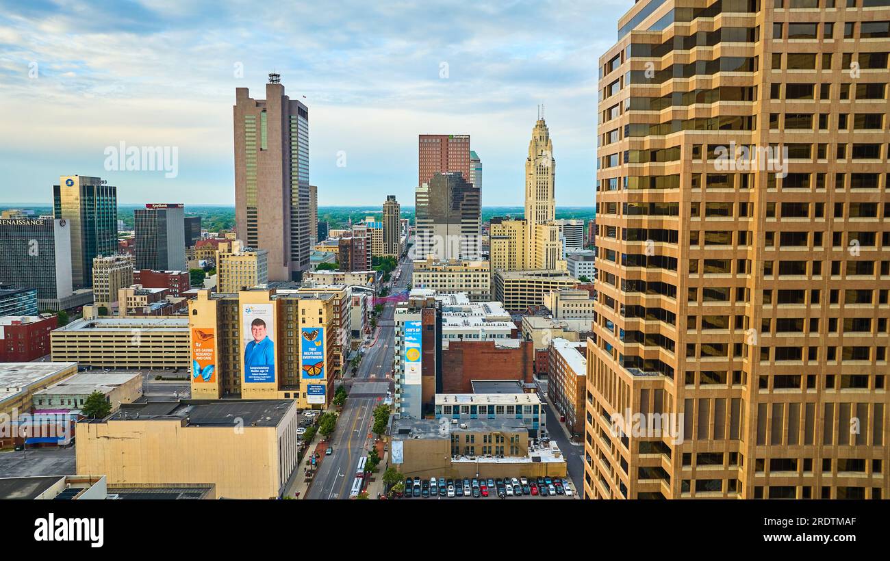 Sunrise blue lighting on downtown buildings in Columbus Ohio aerial