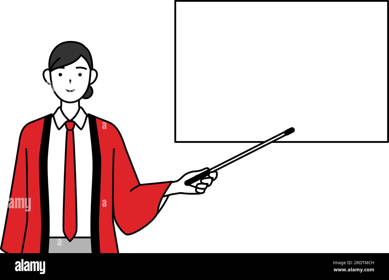 Woman wearing a red happi coat pointing at a whiteboard with an ...