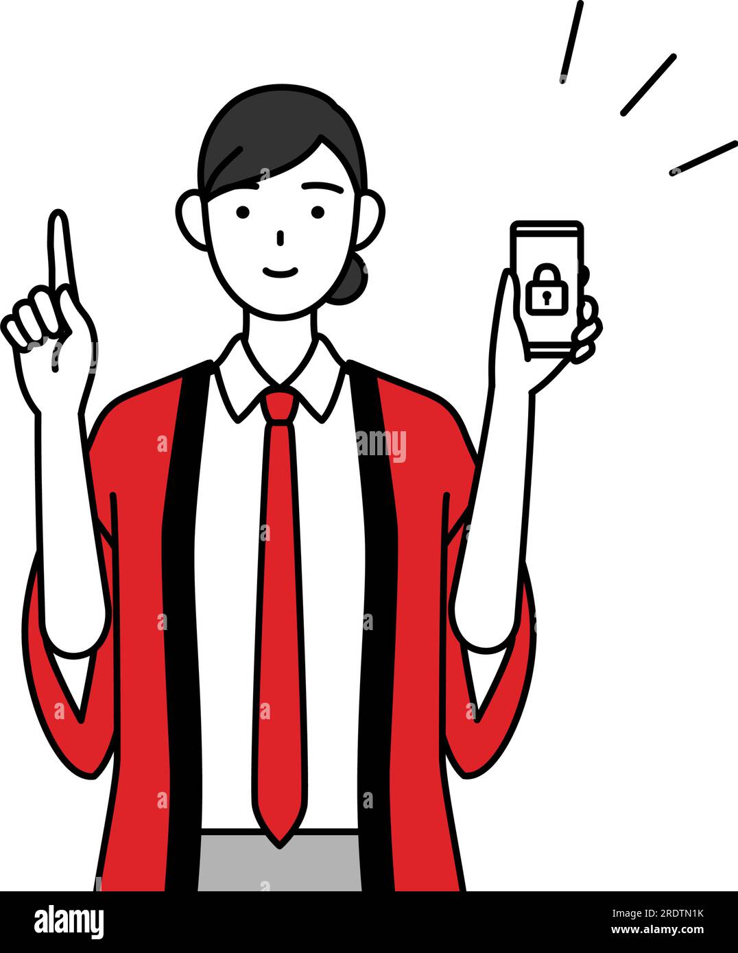 Woman wearing a red happi coat taking security measures for her phone ...