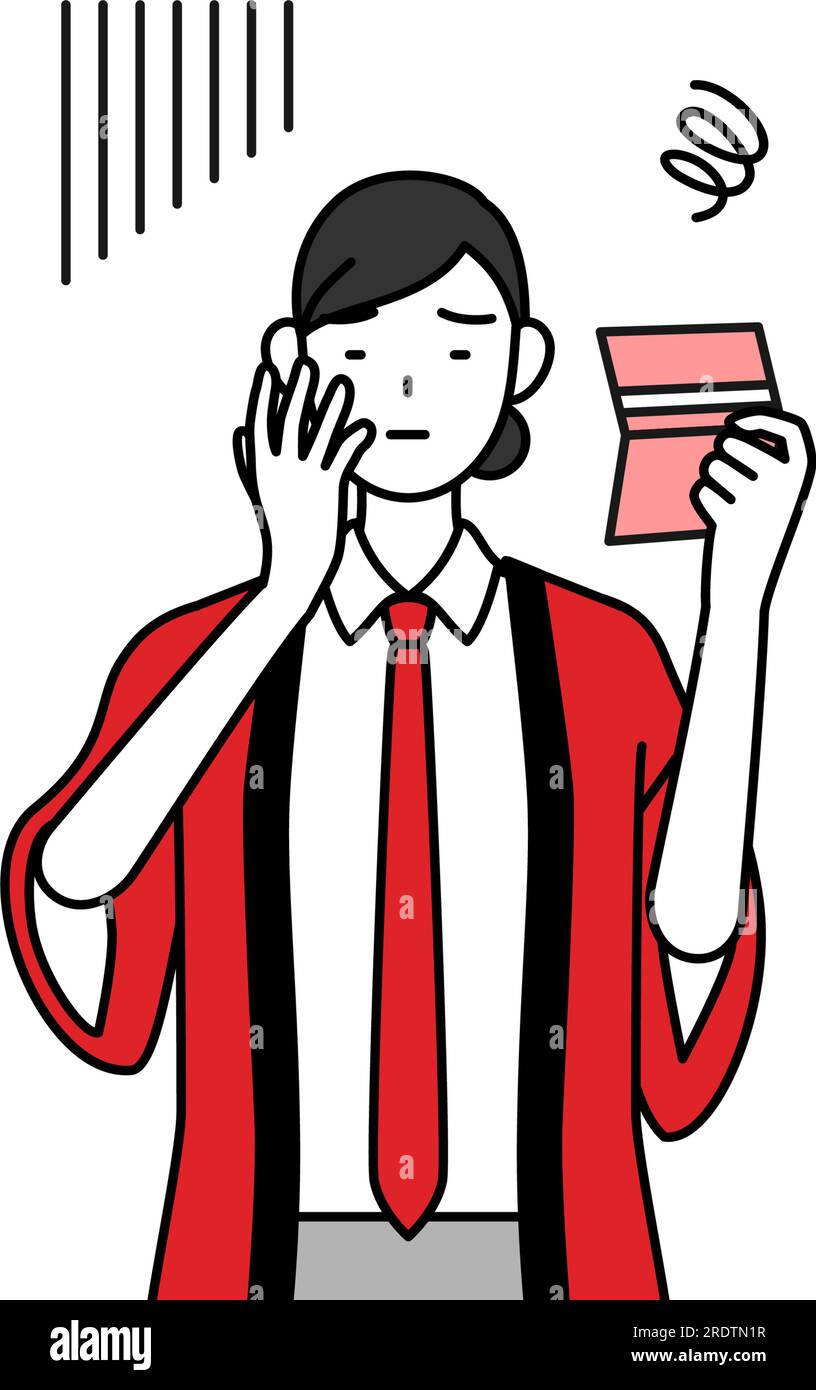 Woman wearing a red happi coat looking at her bankbook and feeling ...