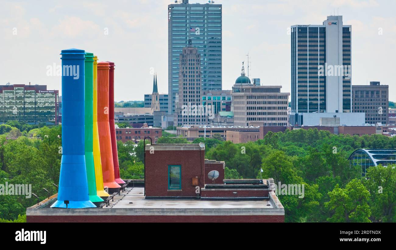Aerial roof of Science Central with iconic rainbow painted smokestacks