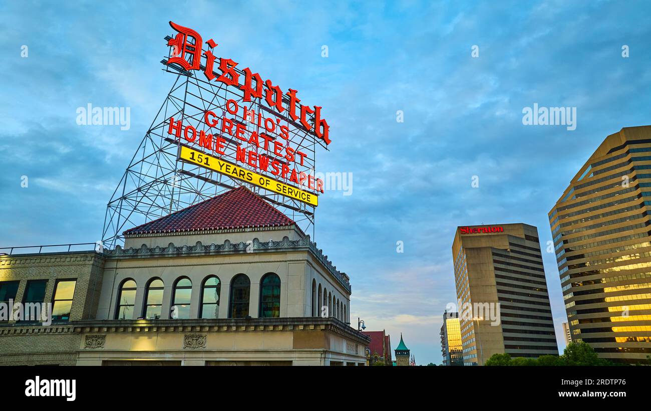 Aerial close up of Dispatch newspaper in Columbus Ohio sign at sunrise Stock Photo