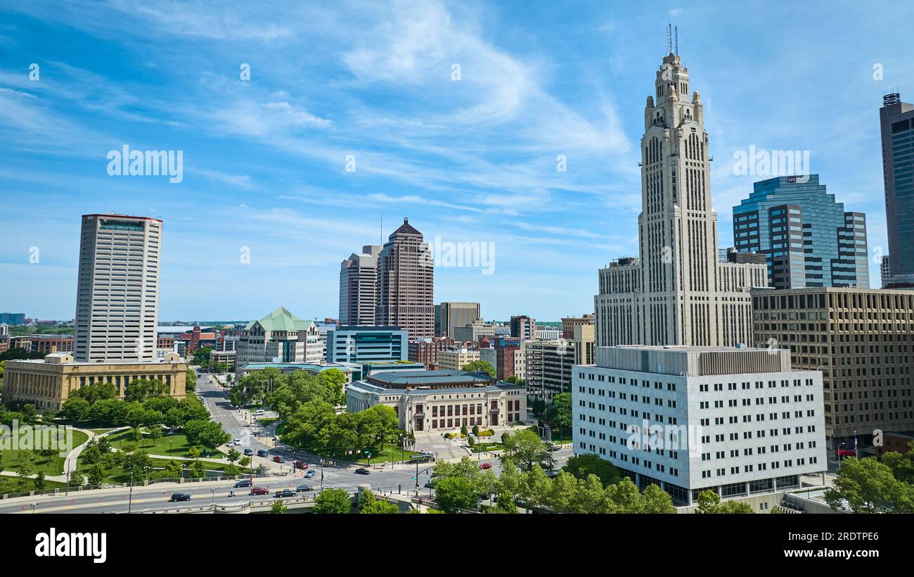 Blue skies over downtown Columbus Ohio with LeVeque Tower aerial Stock Photo