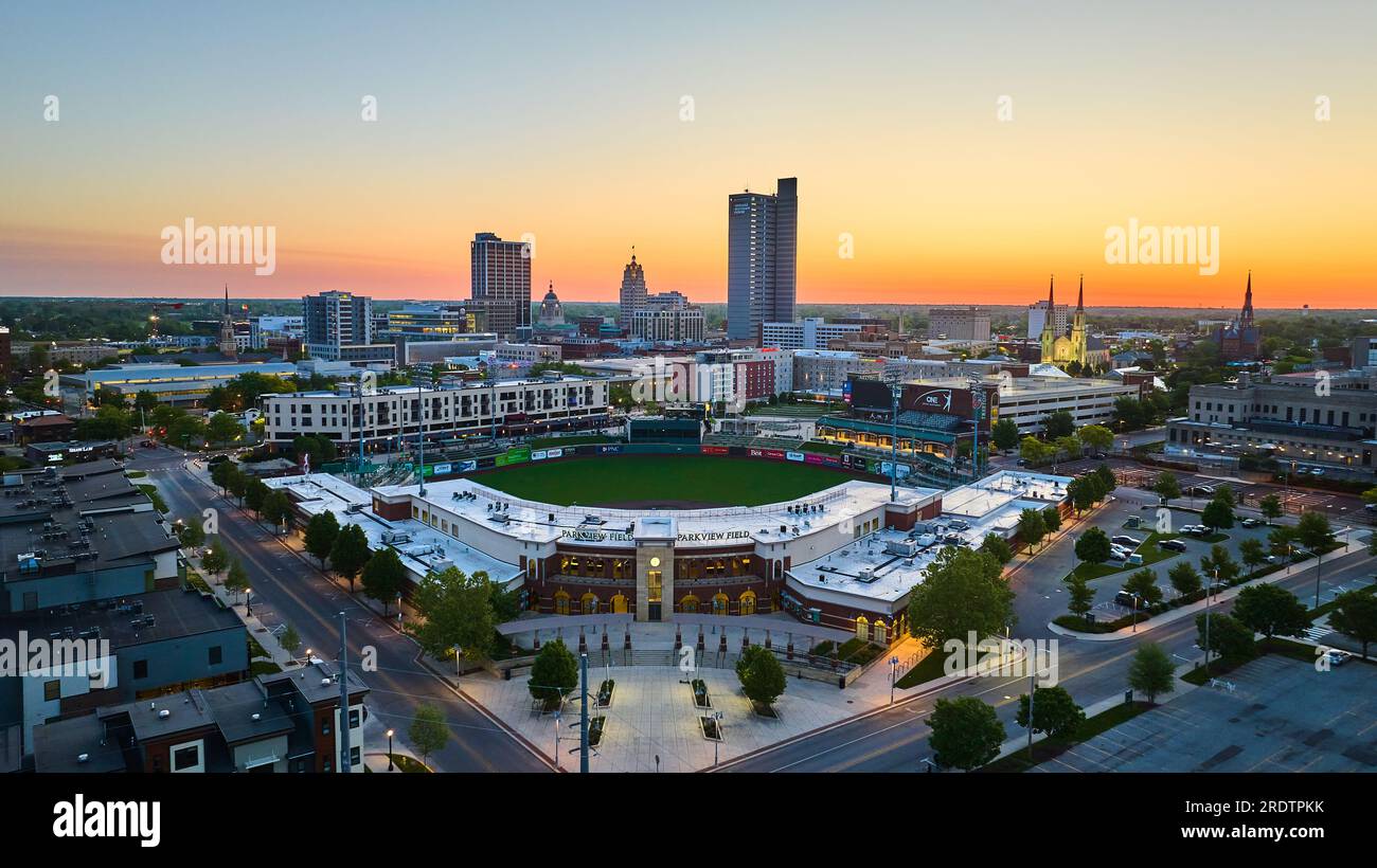 Aerial baseball diamond downtown Fort Wayne Indiana United States Parkview Field city sunrise