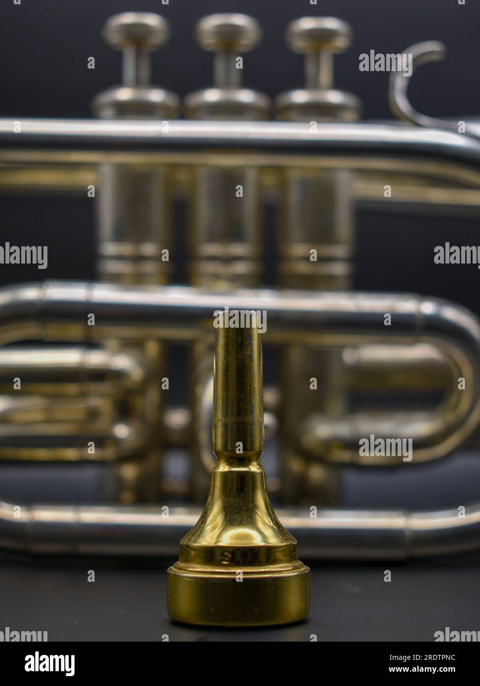 A brass mouthpiece and a Cornet pictured with a dark background. Stock Photo