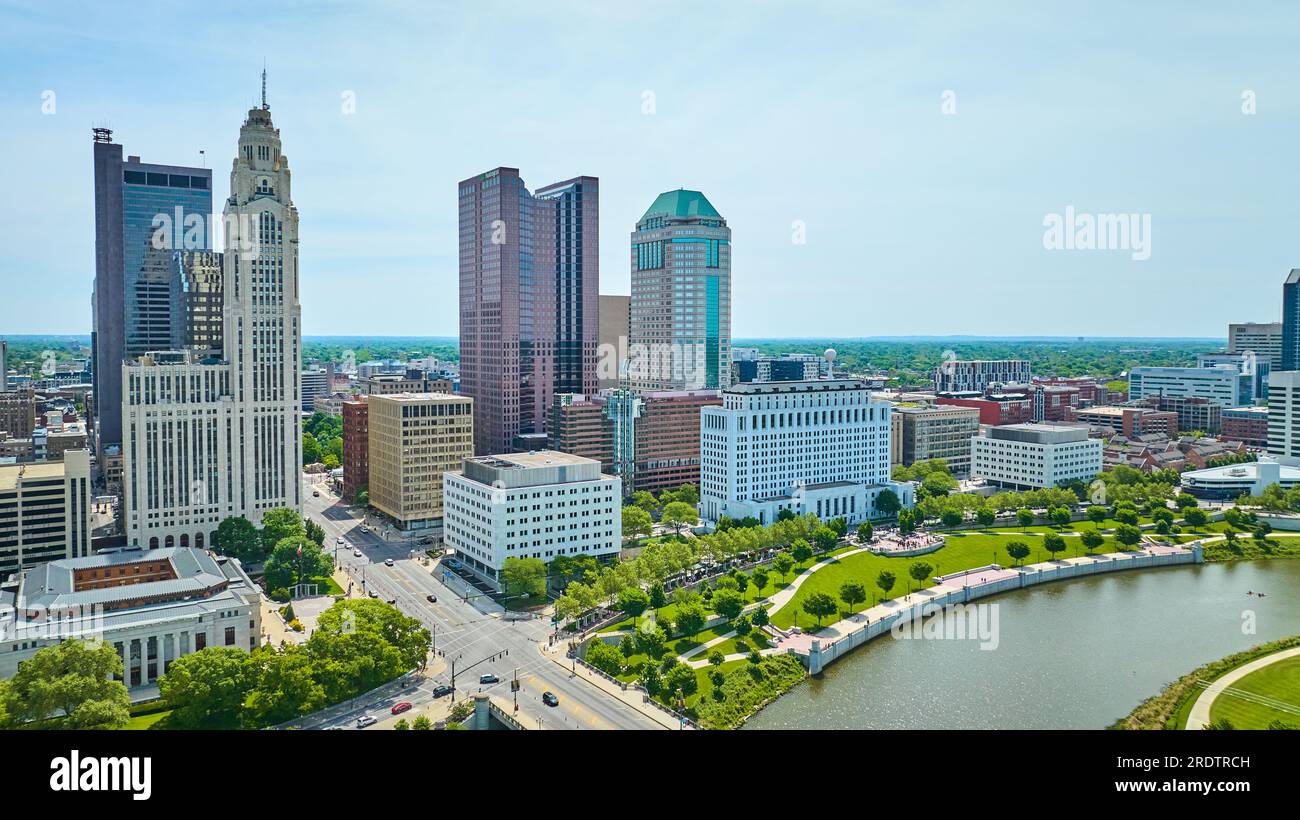 Aerial summer downtown Columbus Ohio skyscrapers with Scioto River Stock Photo