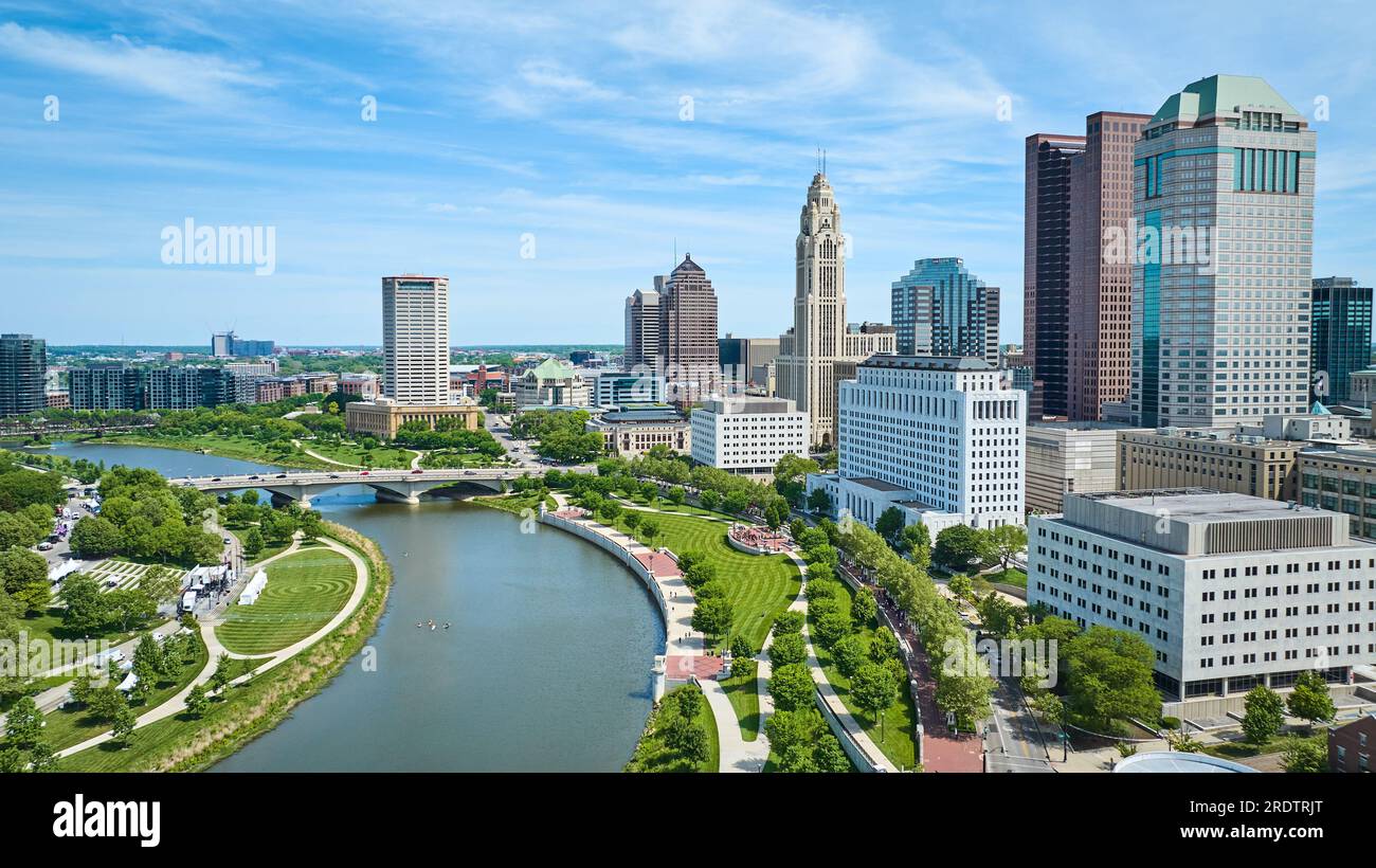 Aerial Scioto River with promenade and greenway visible beside downtown Columbus Ohio Stock Photo