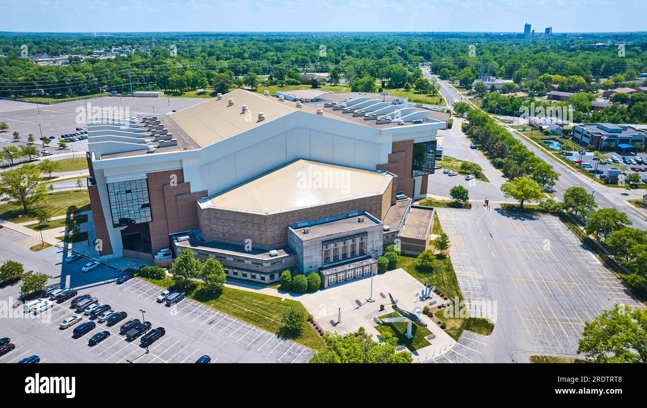 Aerial memorial at the Allen County Coliseum with airplane and distant