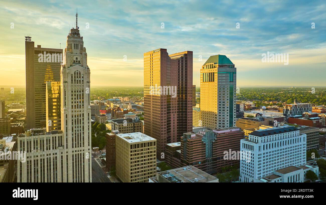 Four main downtown Columbus Ohio skyscrapers aerial at sunrise with