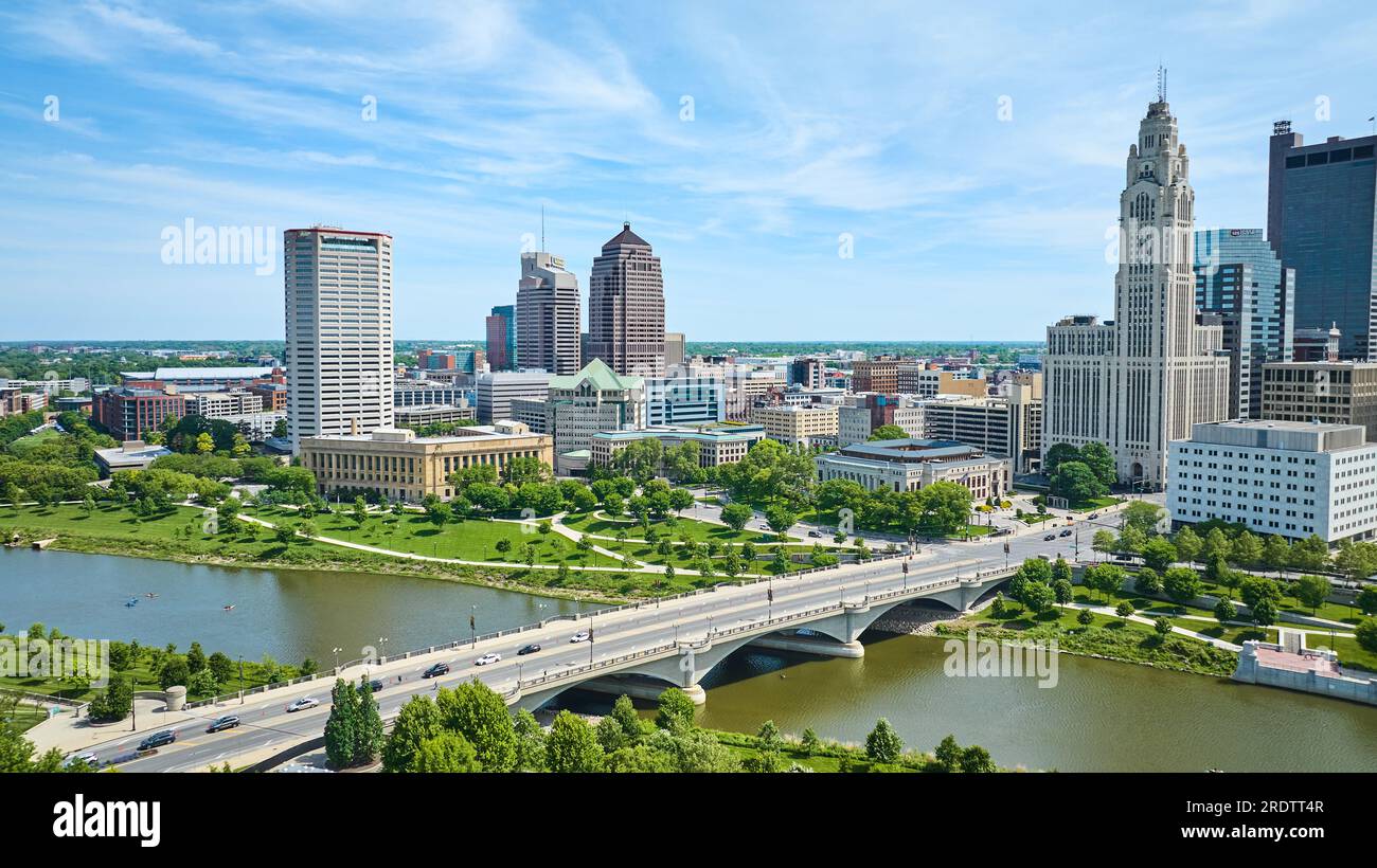 Bridge over Scioto River leading into downtown Columbus Ohio summertime aerial Stock Photo