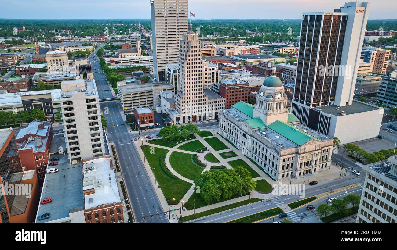 Aerial asset downtown Fort Wayne courthouse on summer morning Stock ...