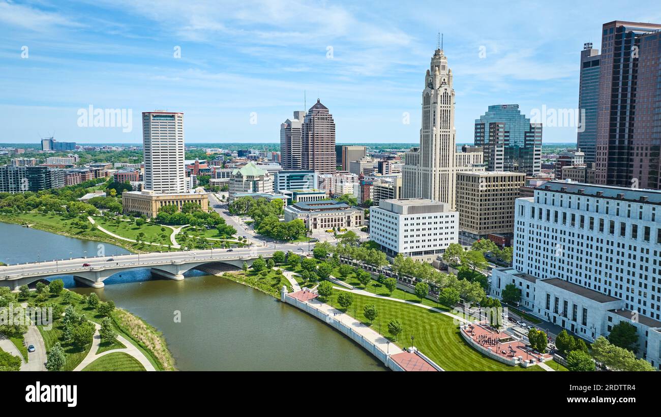 Scioto Mile Promenade park with bridge leading into heart of Columbus Ohio downtown aerial Stock Photo