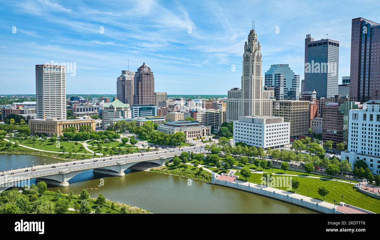Aerial Columbus Ohio with bright blue sky with clouds and bridge over Scioto river Stock Photo