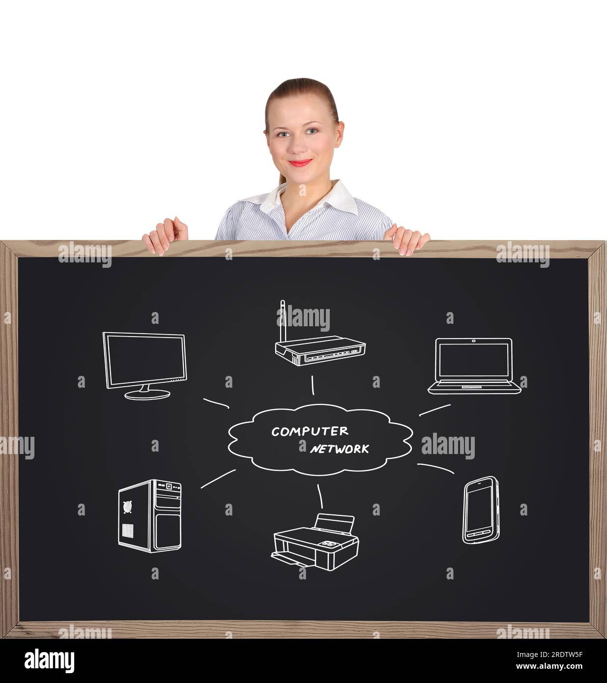 teacher holding big blackboard with computer network Stock Photo Alamy