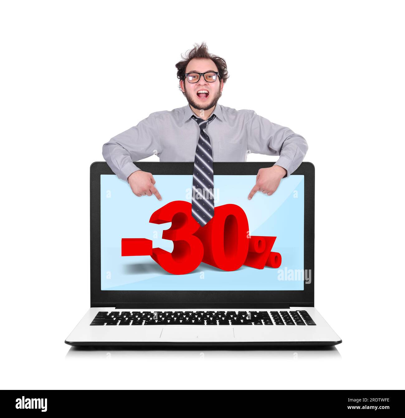 happy businessman pointing to laptop with discount Stock Photo