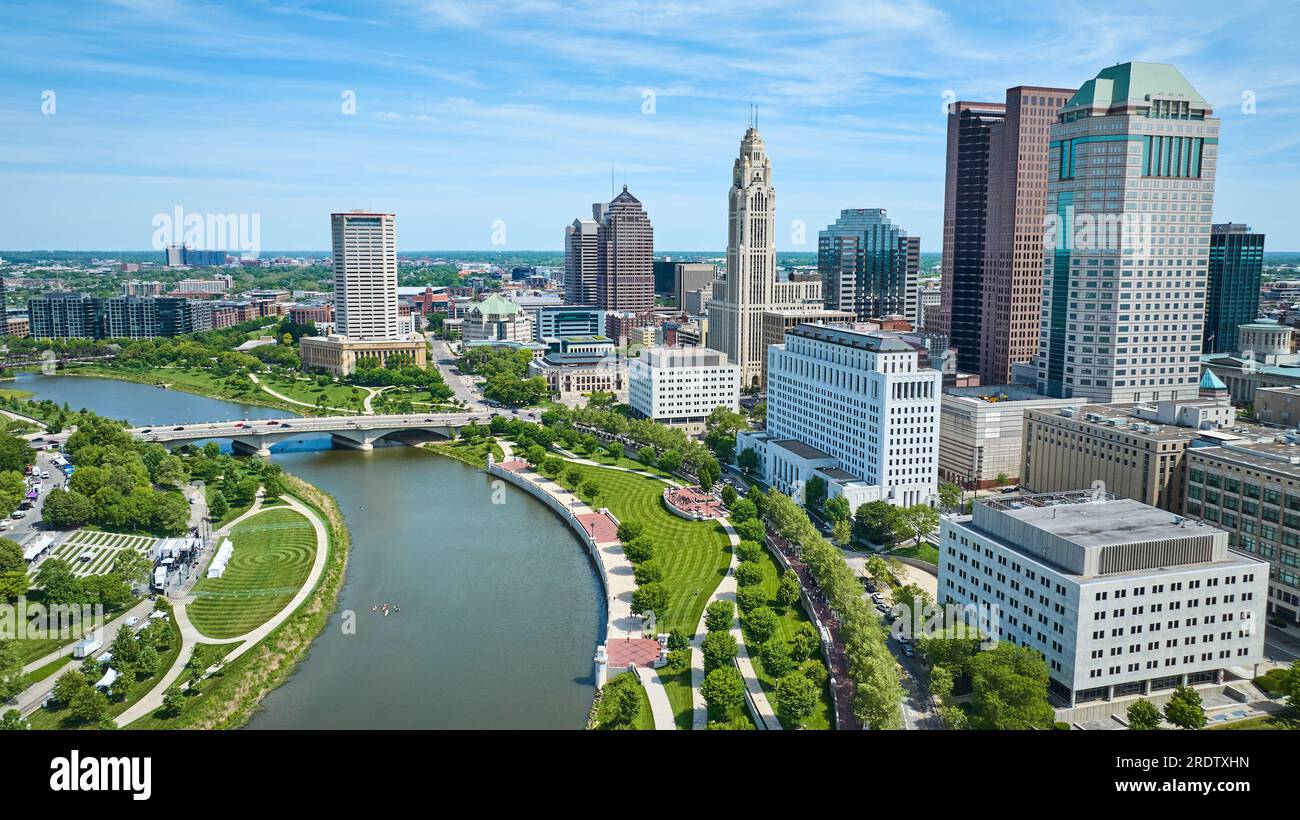 Aerial downtown Columbus Ohio skyscrapers with Scioto River and green promenade and greenway Stock Photo