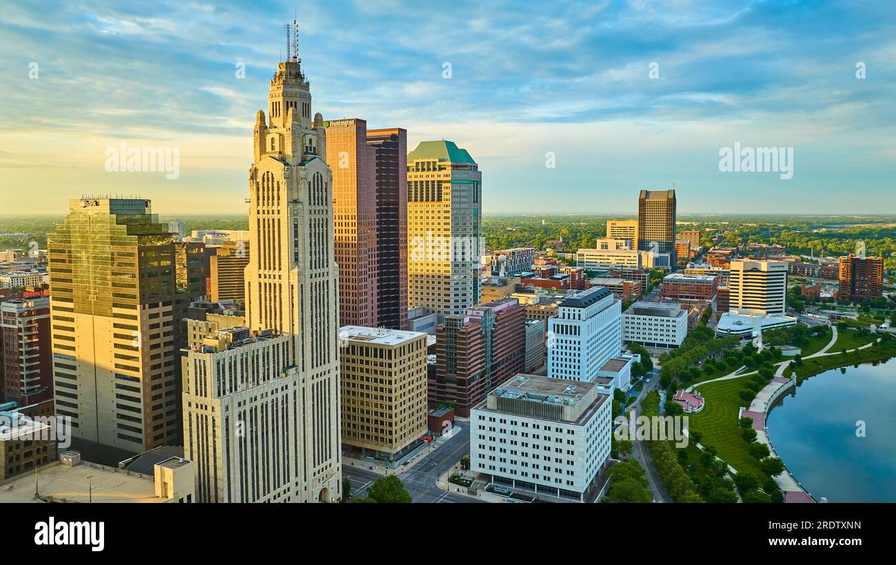 Columbus Ohio heart of downtown aerial at sunrise with iconic skyscrapers and Scioto River Stock Photo