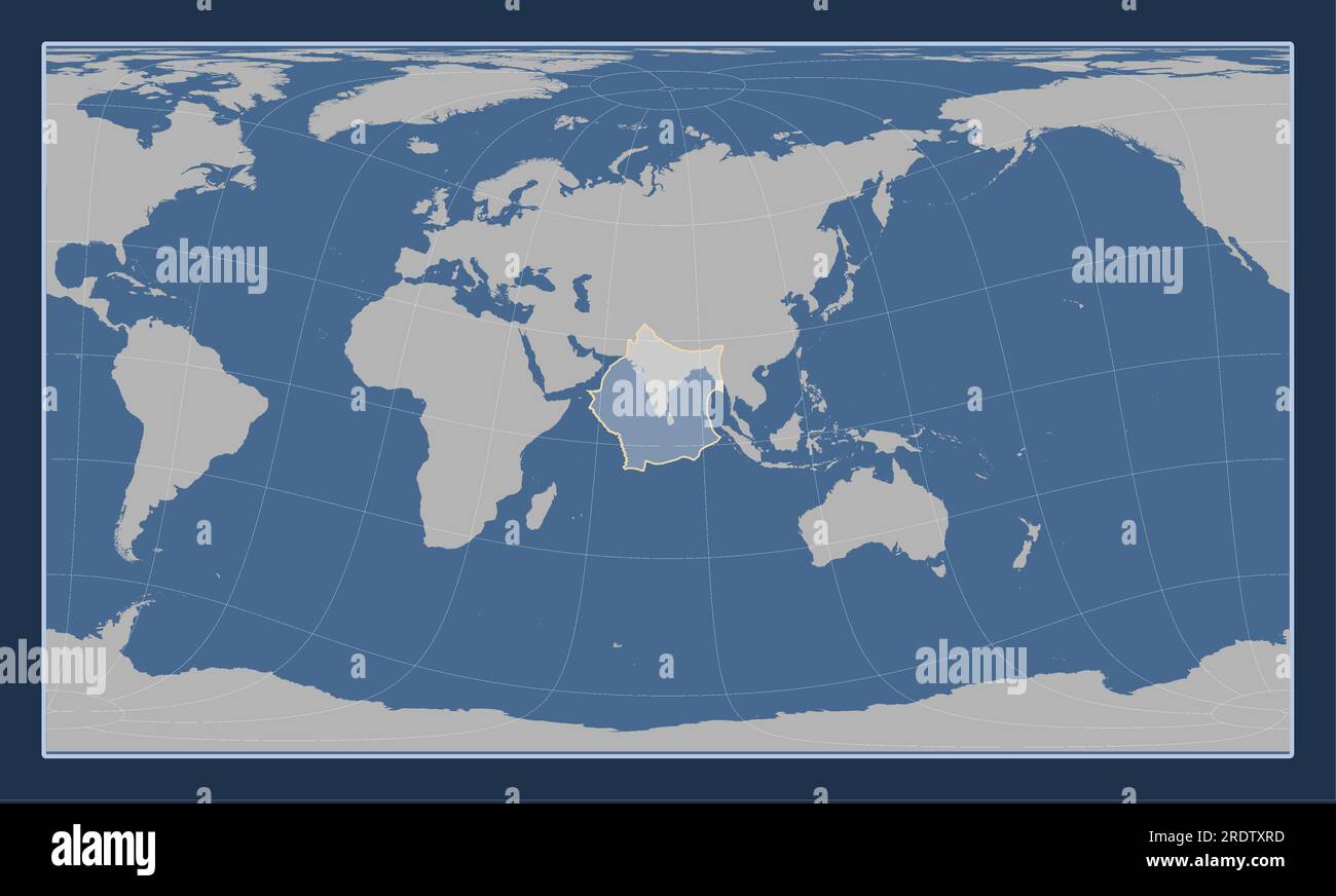 Indian tectonic plate on the solid contour map in the Patterson Cylindrical Oblique projection centered meridionally and latitudinally. Stock Vector