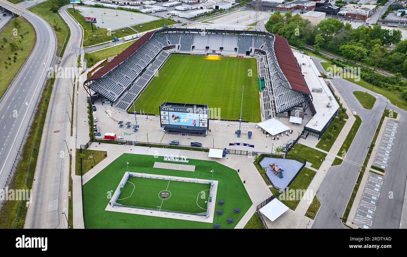 Soccer field Lynn Family Stadium aerial empty seats and parking lot