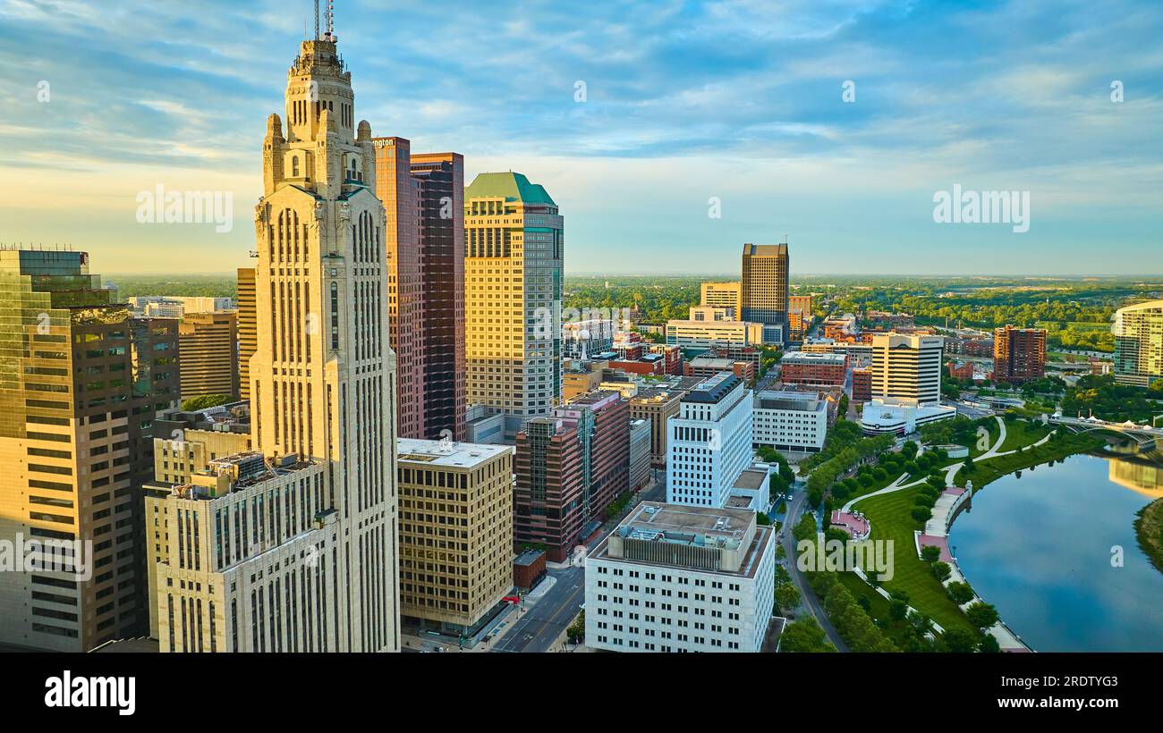 Columbus Ohio heart of downtown aerial at sunrise with iconic buildings and Scioto River Stock Photo