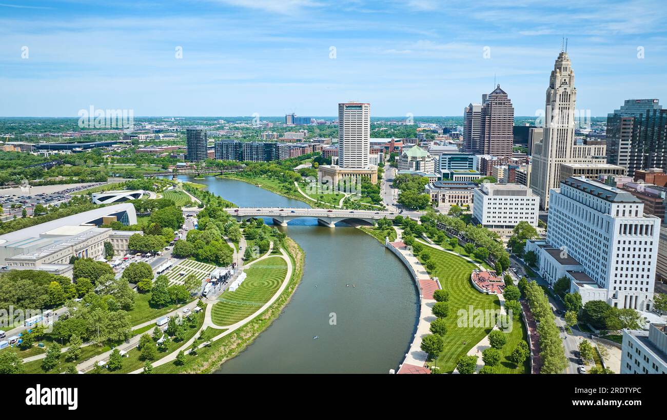 Aerial downtown Columbus Ohio to right of Scioto River with Center of Science and Industry left Stock Photo
