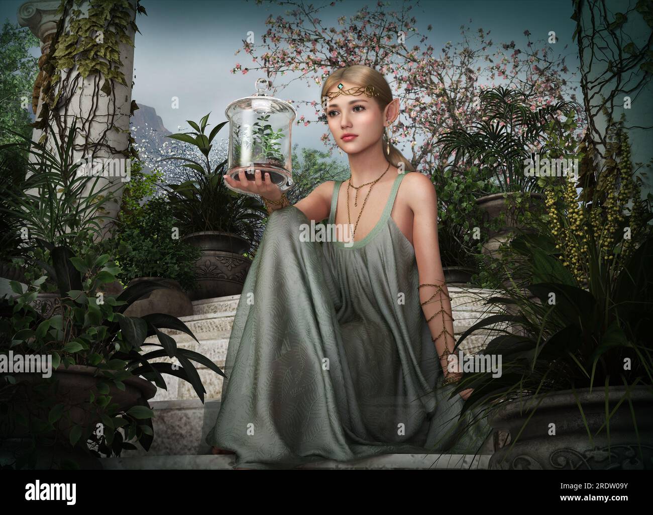 3d computer graphics of an elven girl sitting on a staircase and ...