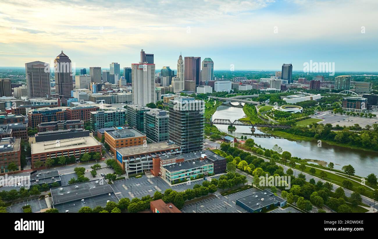 Aerial dawn over Columbus Ohio city wide view Stock Photo