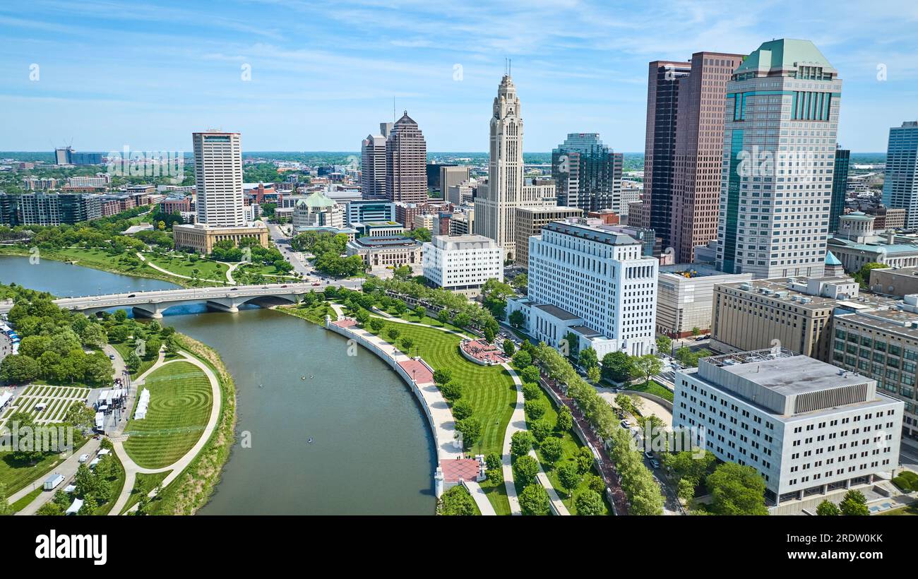 Vern Riffe State Office Tower and Huntington Center aerial of buildings and river Columbus Ohio Stock Photo