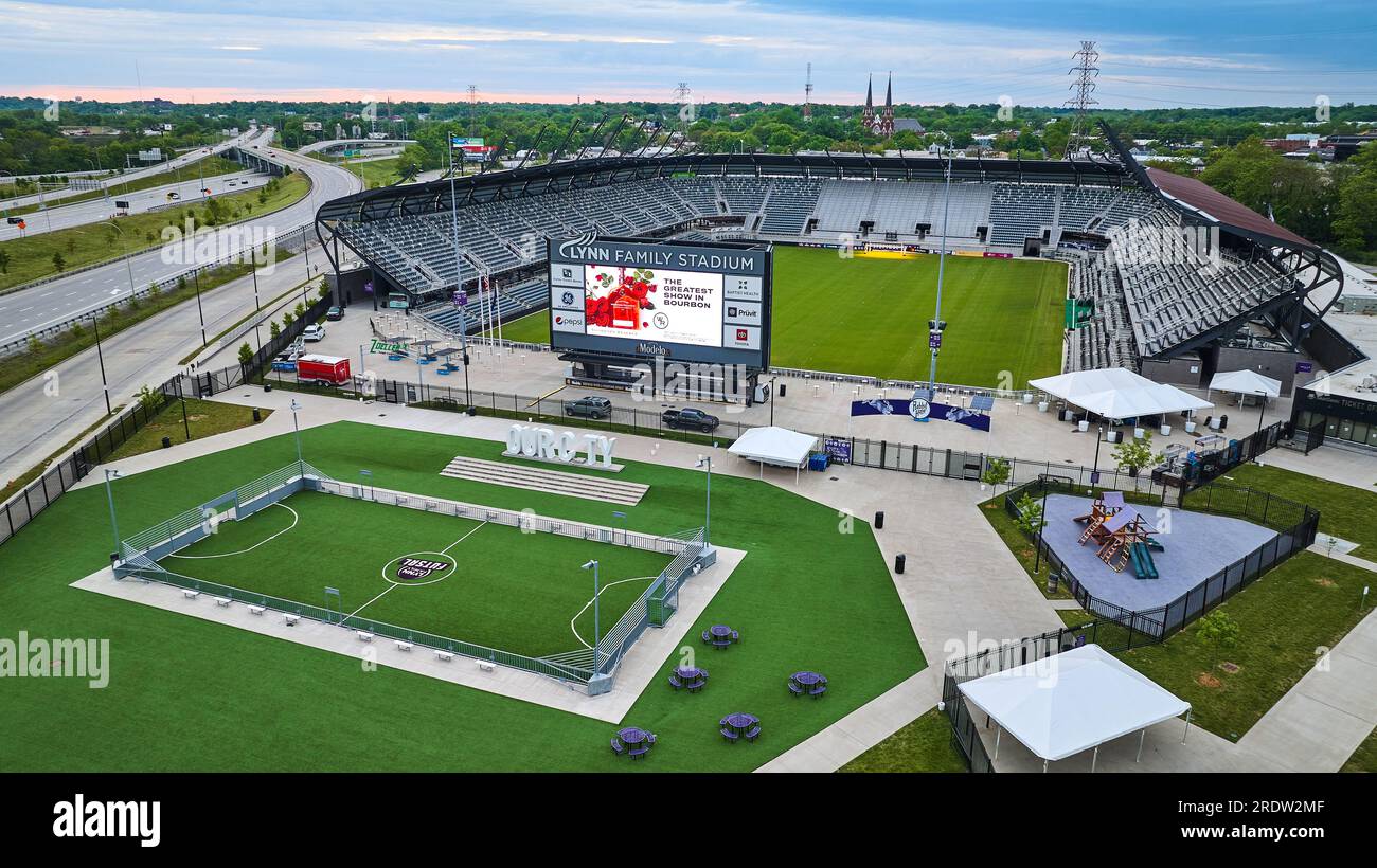 Pink sky dawn over aerial view Lynn Family Stadium soccer field