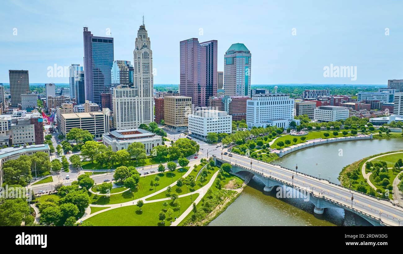 Aerial over Columbus Ohio river and bridge leading to downtown Stock Photo