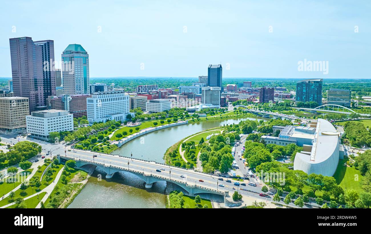 Aerial wide view of Columbus Ohio from both sides of Scioto River Stock Photo