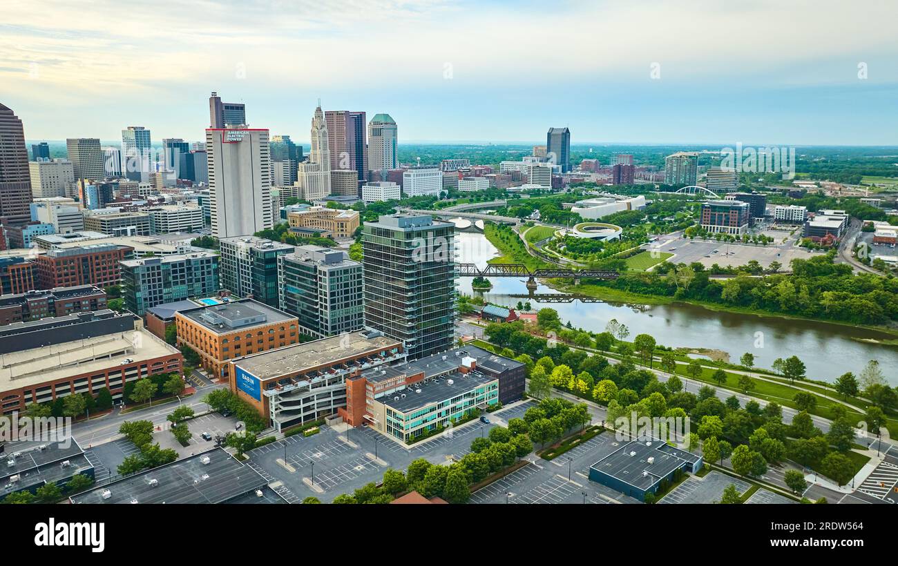 Columbus Ohio wide view of city at dawn aerial Stock Photo