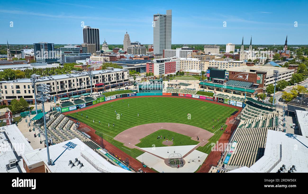 Aerial baseball game at Parkview Field Tin Caps Stadium downtown Fort