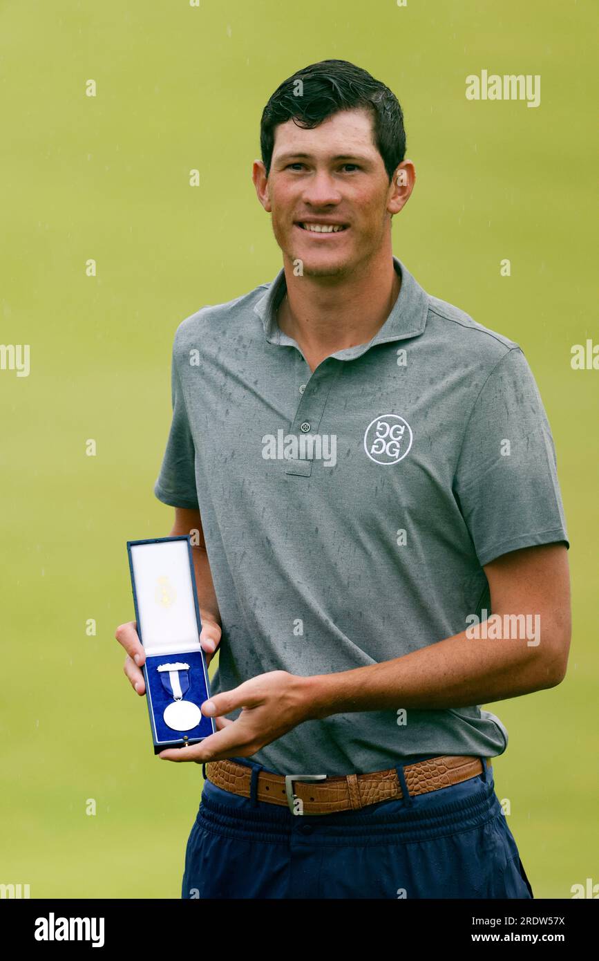 South Africa’s Christo Lamprecht with the Silver Medal awarded to the leading amateur at The Open at Royal Liverpool, Wirral. Picture date: Sunday July 23, 2023. Stock Photo