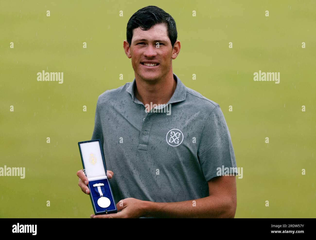 South Africa’s Christo Lamprecht with the Silver Medal awarded to the leading amateur at The Open at Royal Liverpool, Wirral. Picture date: Sunday July 23, 2023. Stock Photo