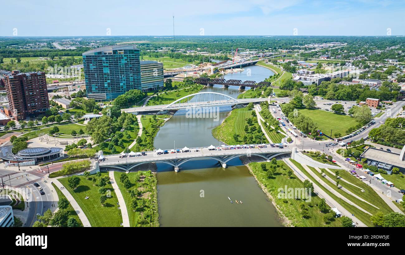 Scioto River aerial with multiple bridges and kayaks on water near city Stock Photo