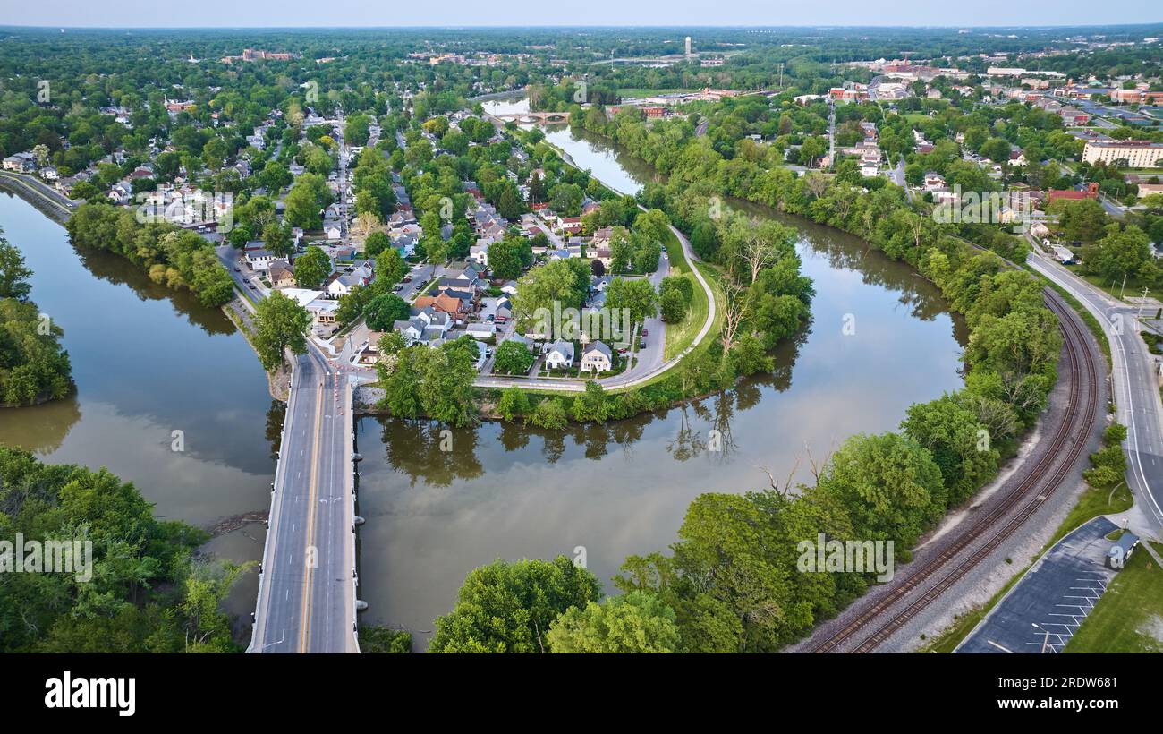 Aerial intersection of three rivers in Downtown Fort Wayne in horseshoe