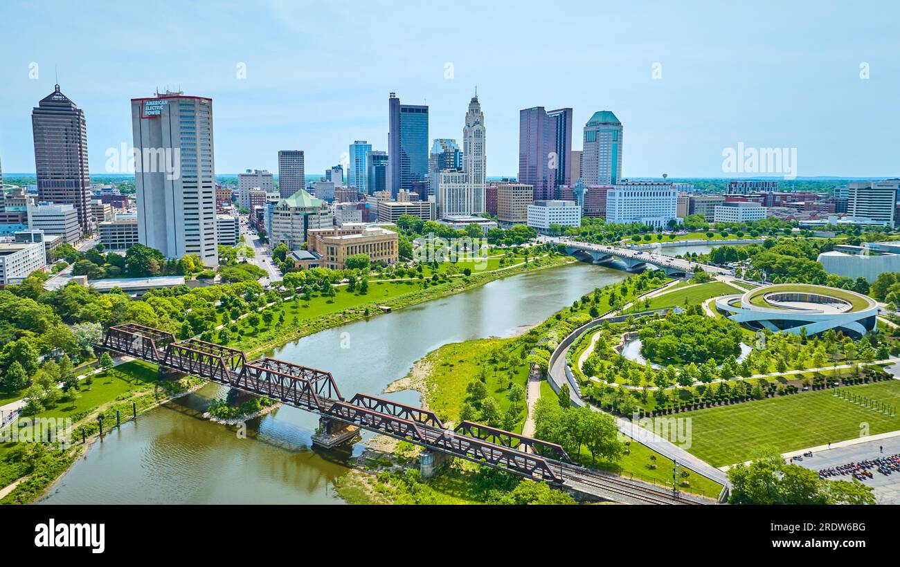 Scioto River dividing Columbus Ohio city aerial Stock Photo