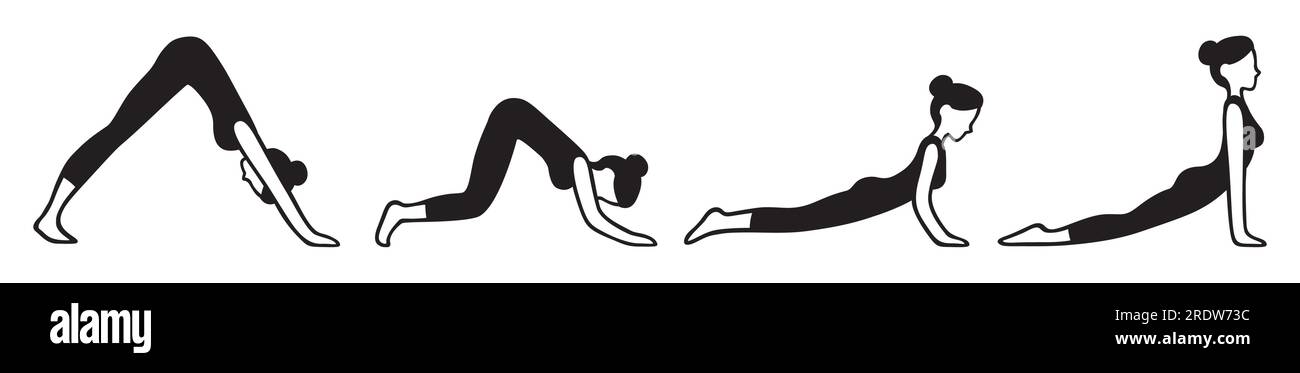 Downward facing dog to upward facing dog asana flow, yoga pose transition steps. Simple black and white illustration of woman doing Hindu pushup. Stock Vector