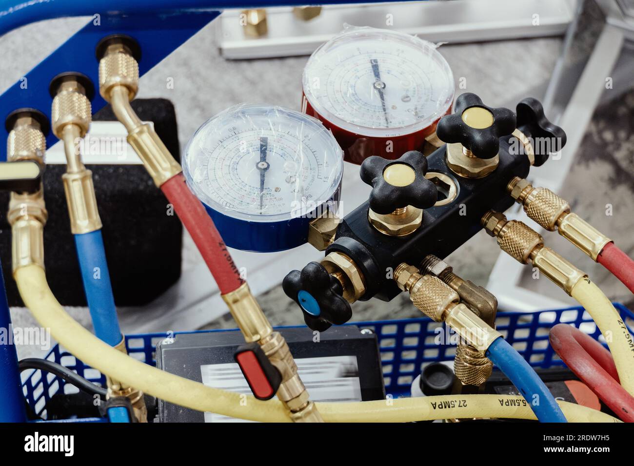Manometric manifold. The hoses are connected to pressure gauges Stock Photo