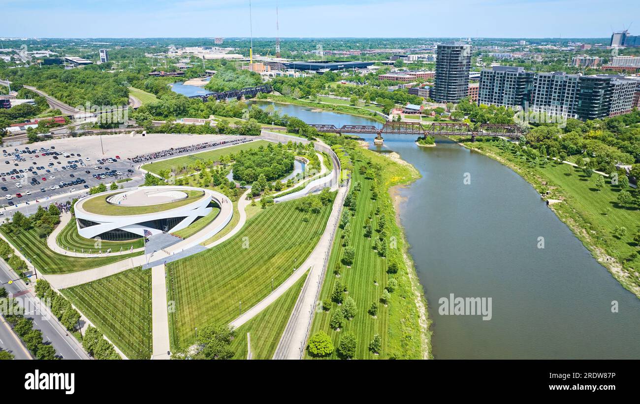 National Veterans Memorial and Museum aerial with river and downtown buildings Stock Photo