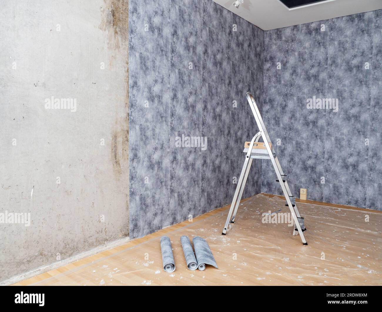 One room has been partially renovated. copy space. Pasting paper