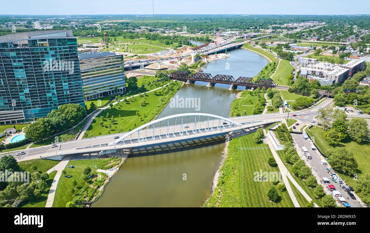 Scioto River aerial with multiple bridges near Columbus Ohio city Stock Photo
