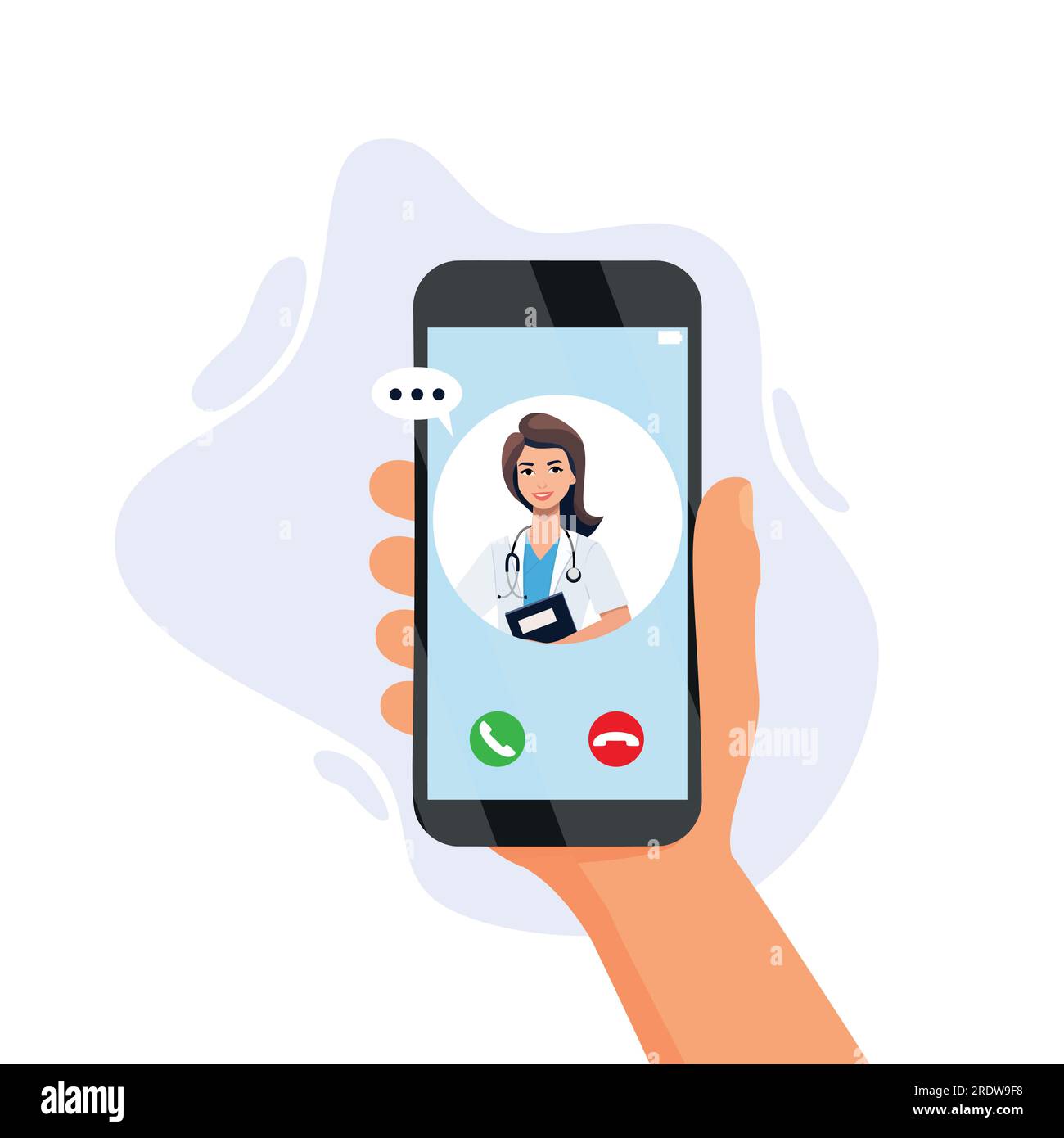 nline medicine concept vector illustration. Cartoon flat human hand holding smartphone with video call to doctor character on screen, using mobile adv Stock Vector