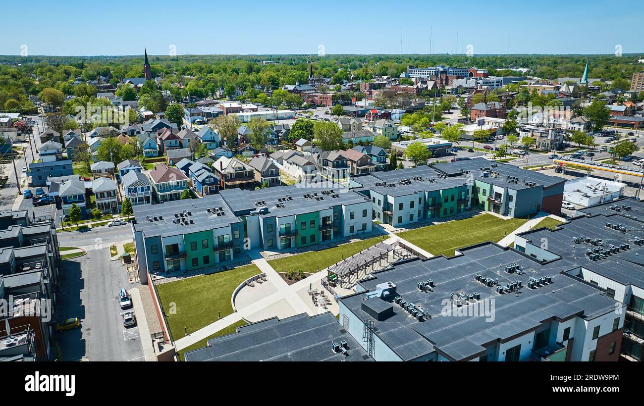 Downtown condos aerial Fort Wayne church steeples city houses