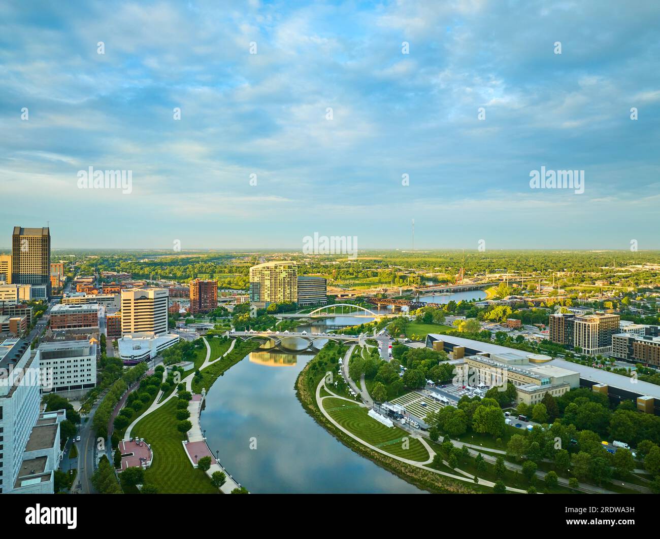 Aerial Columbus Ohio city view with winding Scioto River Stock Photo