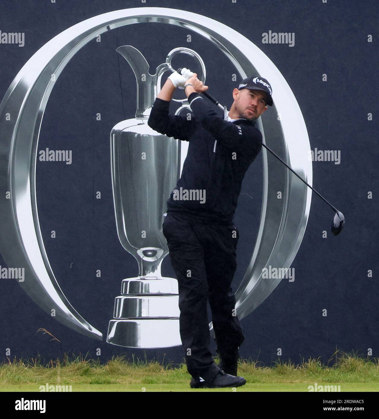 Hoylake, UK. 23rd July, 2023. American Brian Harman tees off on the fourth day at the 151st Open Championship at Royal Liverpool Golf Club in Hoylake, England on Sunday, July 23, 2023. Photo by Hugo Philpott/UPI Credit: UPI/Alamy Live News Stock Photo