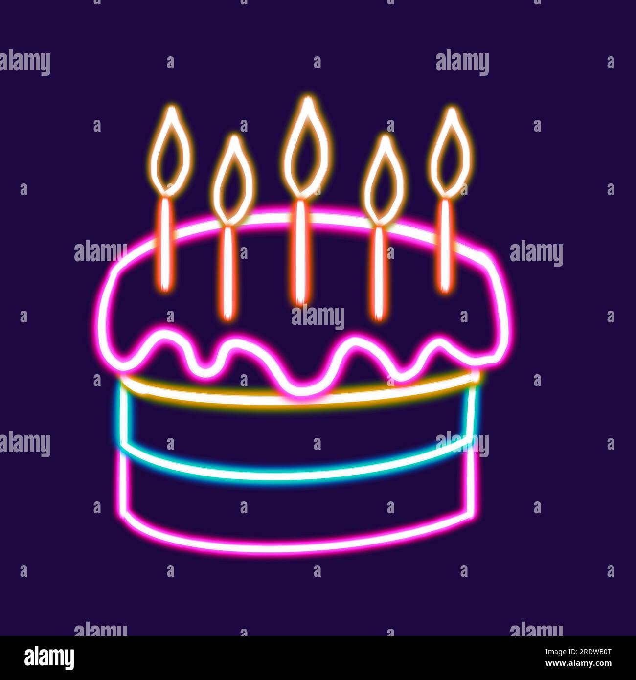 birthday cake with candles glowing desktop icon, cake neon sticker, neon figure, glowing figure, neon geometrical figures  Stock Photo